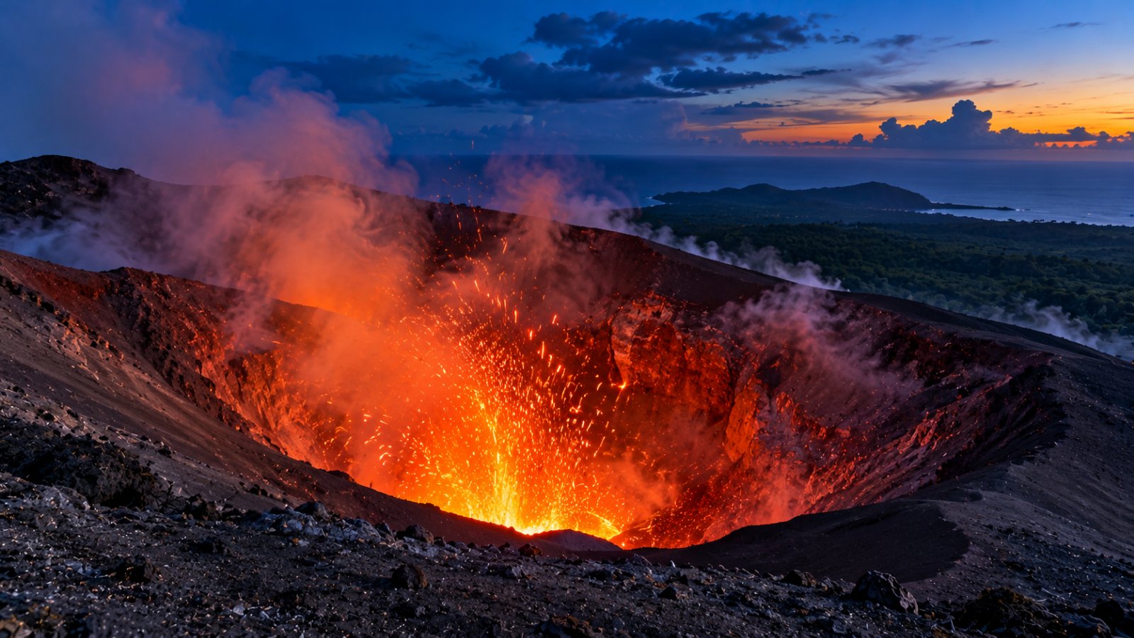 Il cratere del vulcano Yasur sull'isola di Tanna al crepuscolo, con il bagliore rosso della lava sul fondo e i pendii di cenere grigia attorno