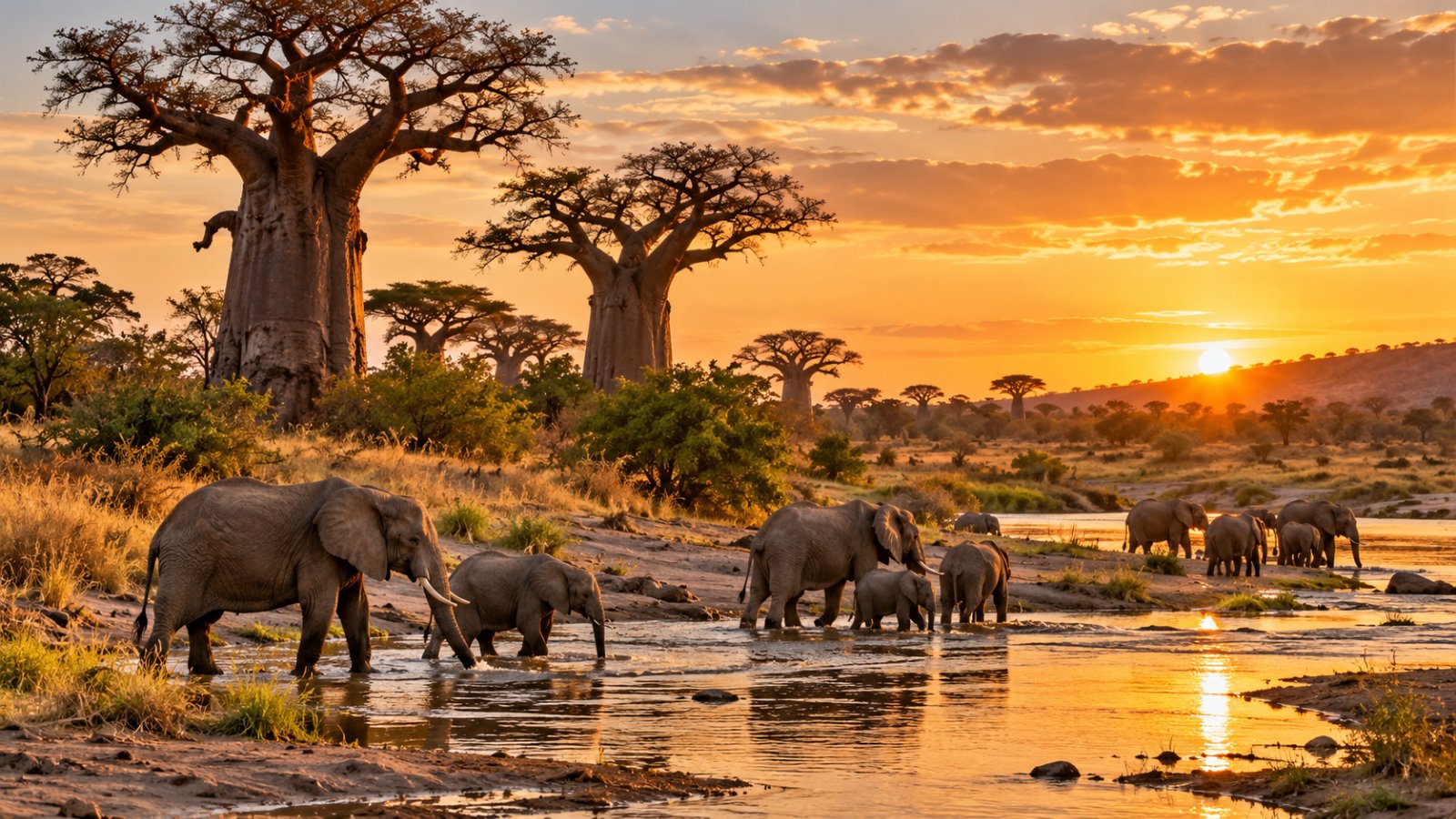 Elefanti che bevono in una pozza della savana del Tarangire, tra grandi baobab, al tramonto