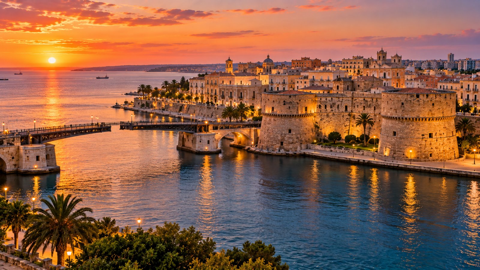 Taranto al tramonto, il castello aragonese e il ponte girevole sul canale tra Mar Piccolo e Mar Grande, con la città vecchia