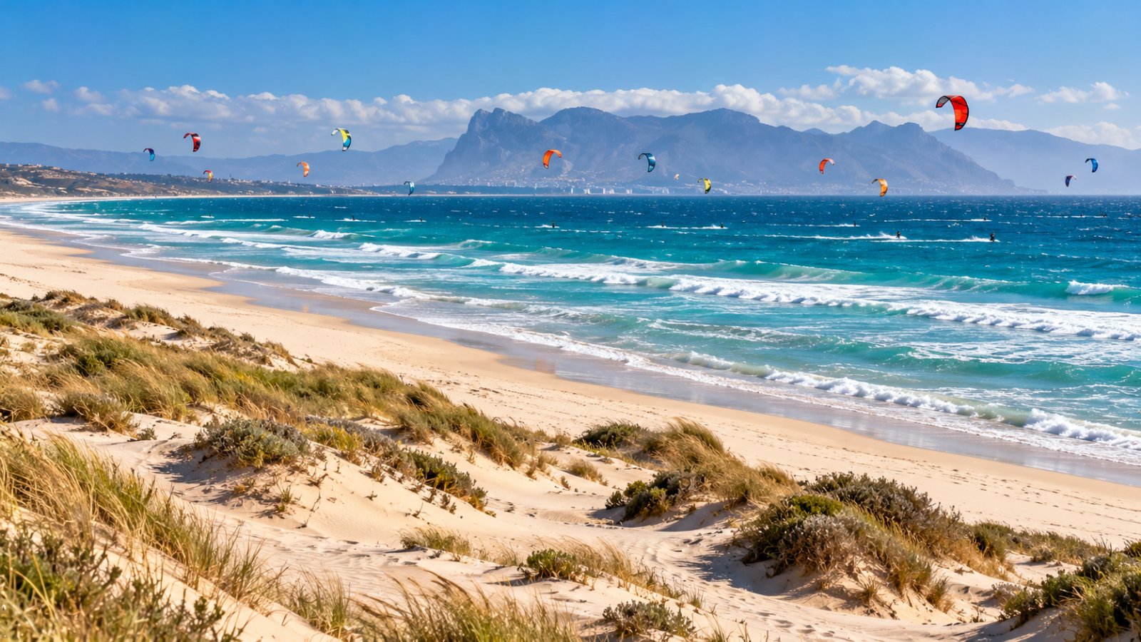 La lunga spiaggia di Los Lances a Tarifa con le vele colorate dei kitesurf sul mare e, all'orizzonte oltre lo stretto, le montagne della costa africana