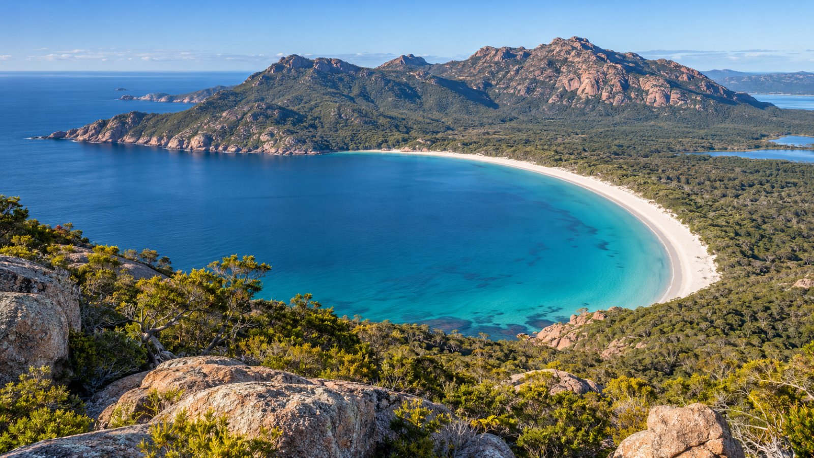 La baia a mezzaluna di Wineglass Bay con l'acqua turchese e la sabbia bianca, vista dall'alto tra le montagne di granito del Freycinet