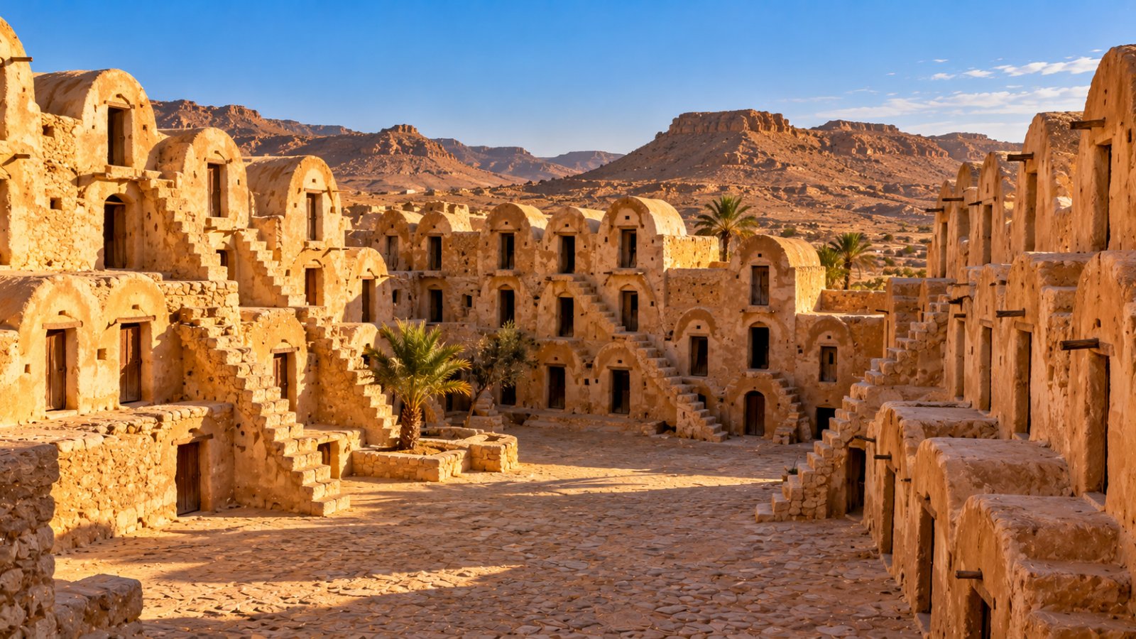 Il cortile di un ksar berbero nel sud della Tunisia, con file di granai a volta in pietra e argilla disposti su più piani e scale esterne, sotto un cielo azzurro