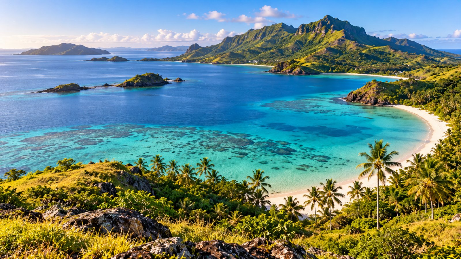 Una laguna turchese delle isole Yasawa con la spiaggia bianca, le palme e le colline verdi di un'isola vulcanica, vista dall'alto nella luce del mattino
