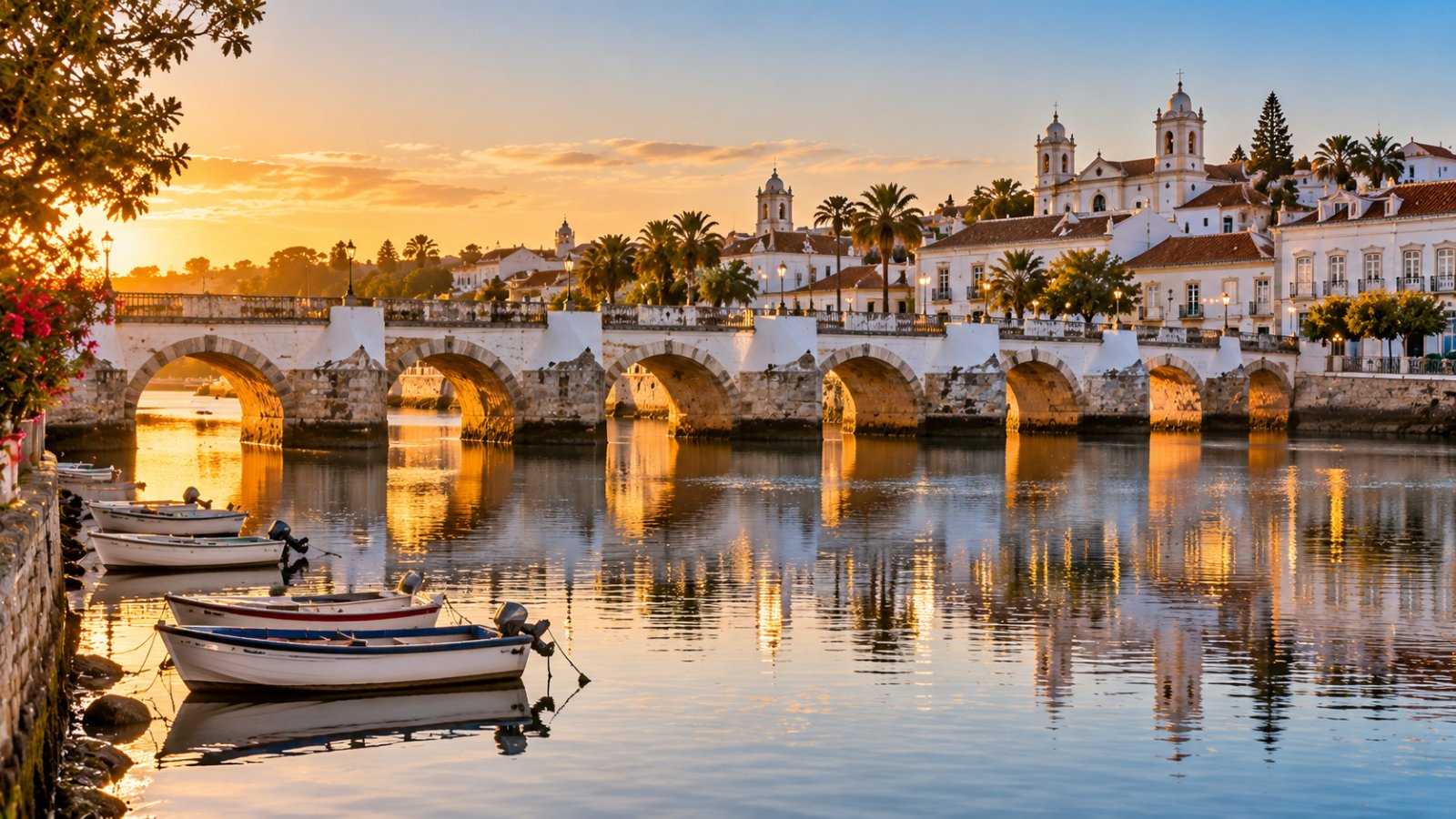 Un antico ponte in pietra ad archi sul fiume Gilão a Tavira nella luce del mattino, con case bianche, tetti di tegole a spioventi e campanili sullo sfondo