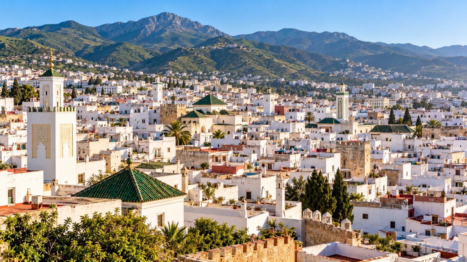 Le case bianche della medina di Tétouan ai piedi delle montagne del Rif, viste dall'alto con i tetti a terrazza e i minareti nella luce del mattino
