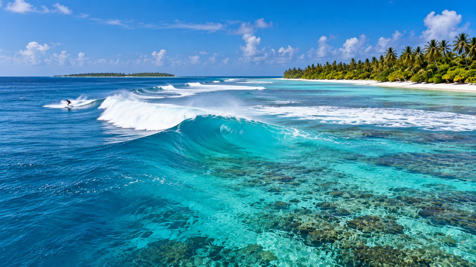 Onde da surf che si rompono sulla barriera corallina vicino a un'isola con palme, un surfista lontano e il mare turchese