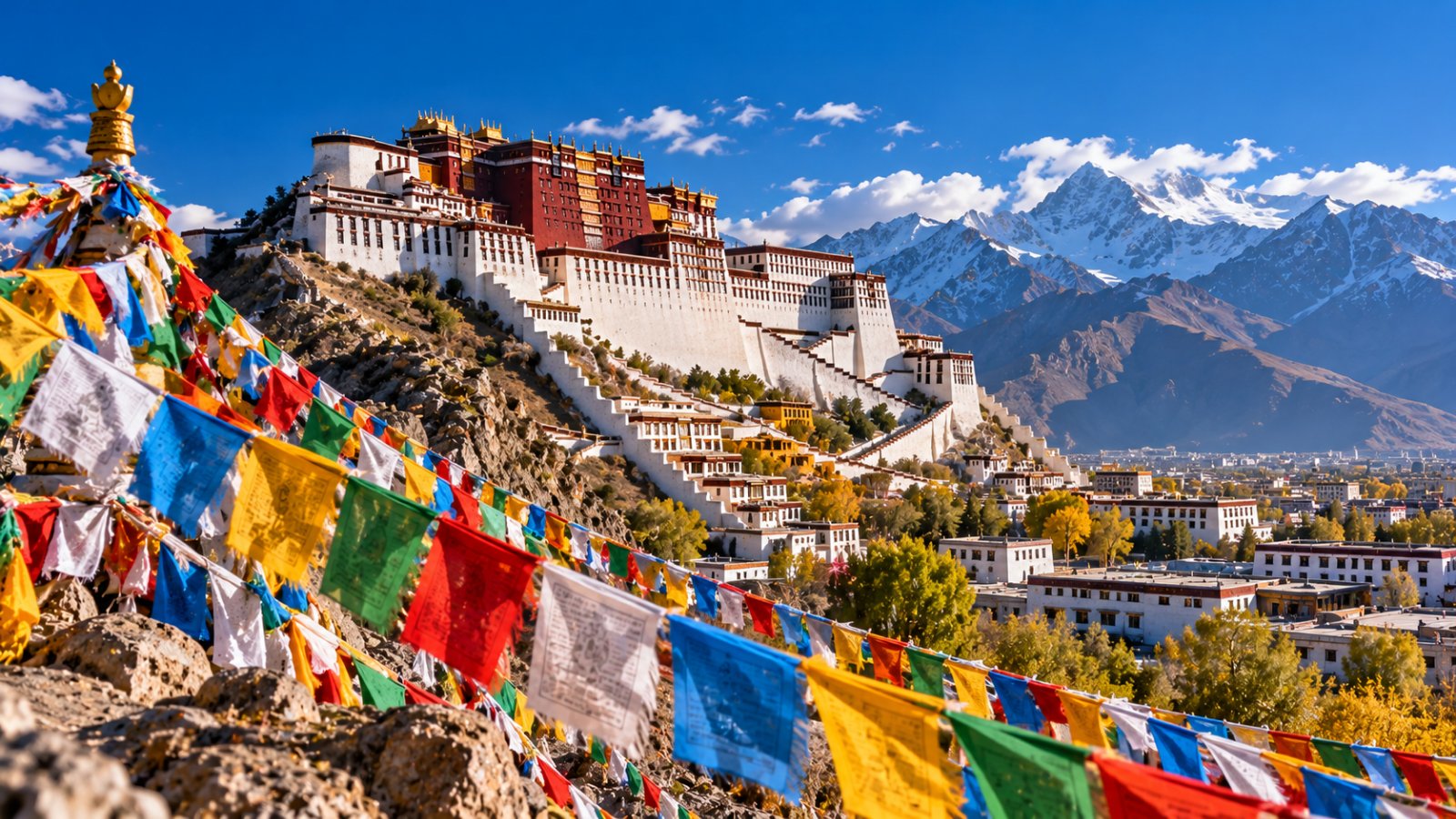 Il Palazzo del Potala bianco e rosso sulla collina di Lhasa, con le bandiere di preghiera in primo piano e le montagne sullo sfondo