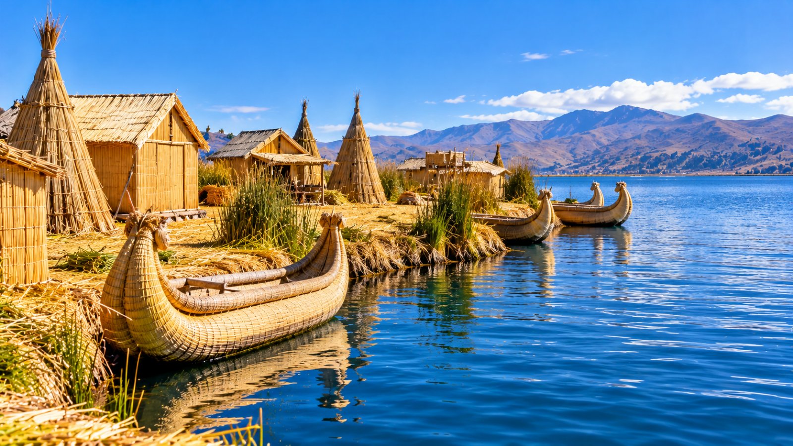 Le isole galleggianti di canne di totora degli uros sul lago Titicaca, con capanne di paglia e barche di totora sotto un cielo azzurro d'altura