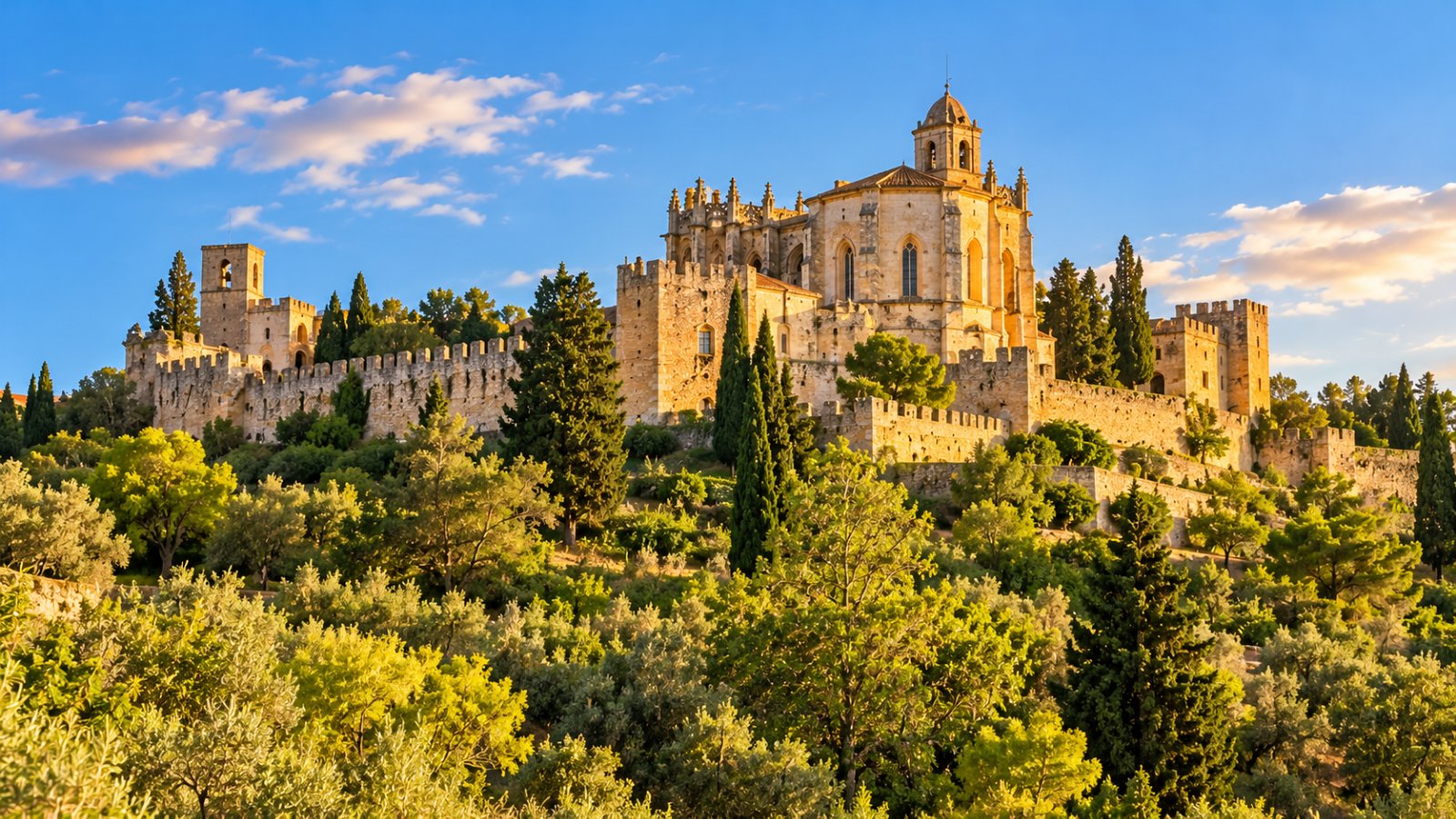Le mura merlate e la rotonda della Charola del Convento di Cristo sulla collina di Tomar, tra alberi verdi, nella luce dorata del pomeriggio
