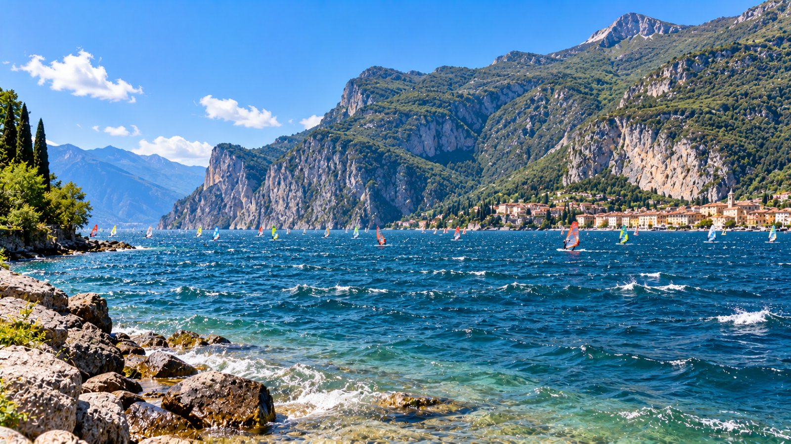 Il lago di Garda davanti a Torbole increspato dal vento, con la riva rocciosa e le pareti del Monte Baldo sullo sfondo