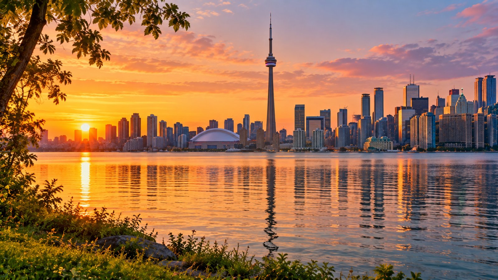 Lo skyline di Toronto con la CN Tower visto dalle Toronto Islands al tramonto, con il lago Ontario calmo in primo piano