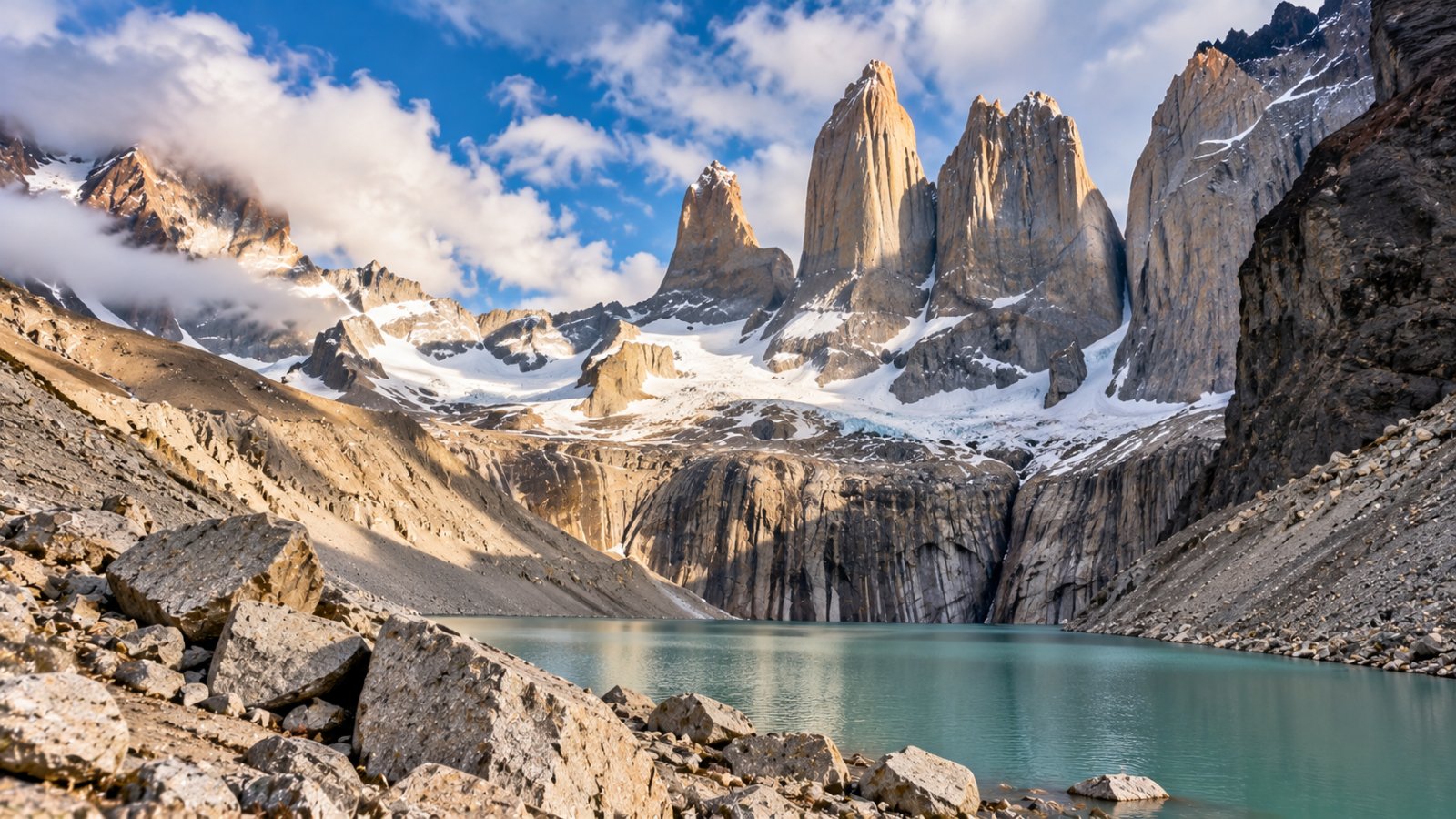 Le tre torri di granito di Torres del Paine sopra un laghetto glaciale verde-grigio, circondato da massi e pendii di roccia, con nuvole in cielo