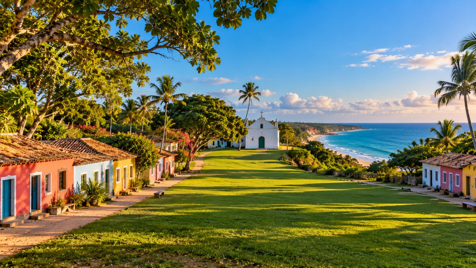 Il Quadrado di Trancoso: un prato verde con le casette colorate ai lati e la piccola chiesa bianca di São João Batista sopra le falesie sul mare