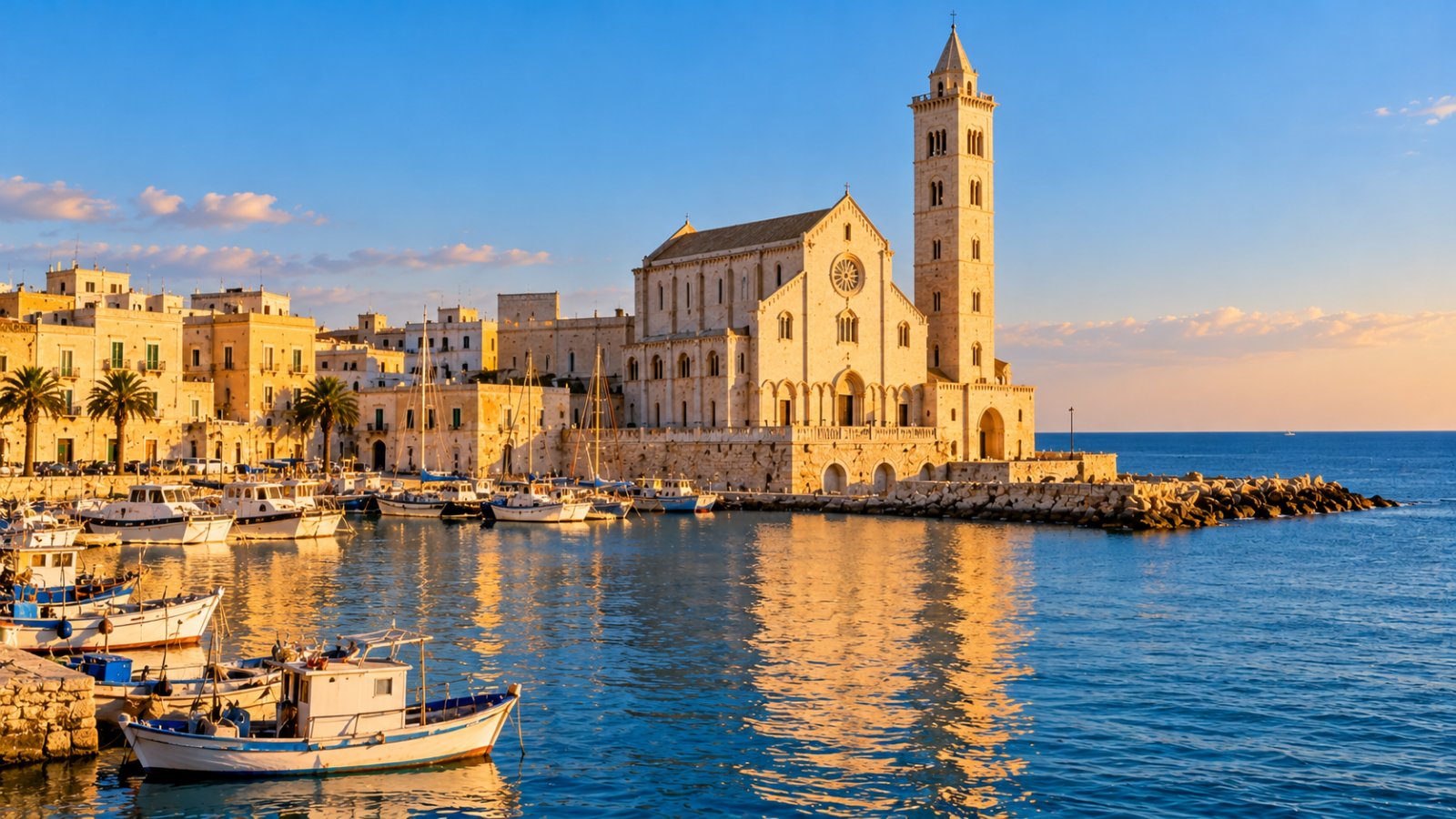 La cattedrale romanica di Trani in pietra chiara con l'alto campanile sulla riva del mare e il porto con le barche, nella luce dorata