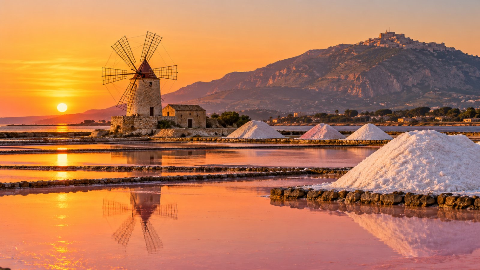 Le saline di Trapani al tramonto con un mulino a vento e il monte di Erice sullo sfondo