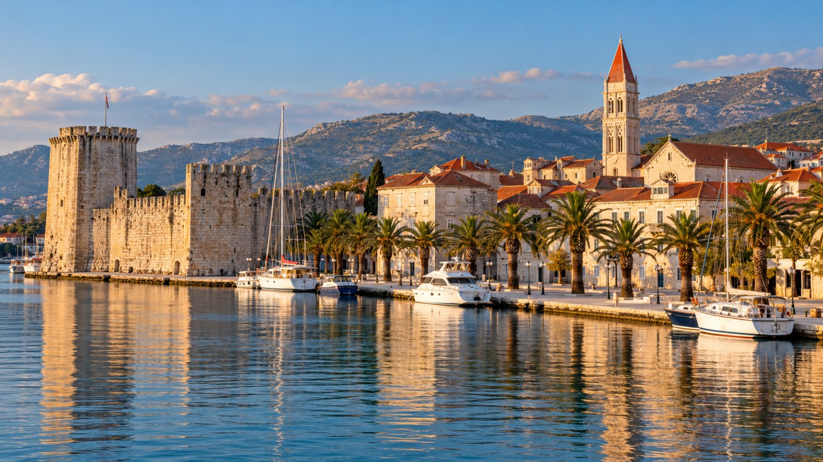 La città vecchia di Traù vista dal mare, con il campanile della cattedrale di San Lorenzo, le case di pietra sulla riva con le palme e il castello del Camerlengo sulla punta dell'isoletta