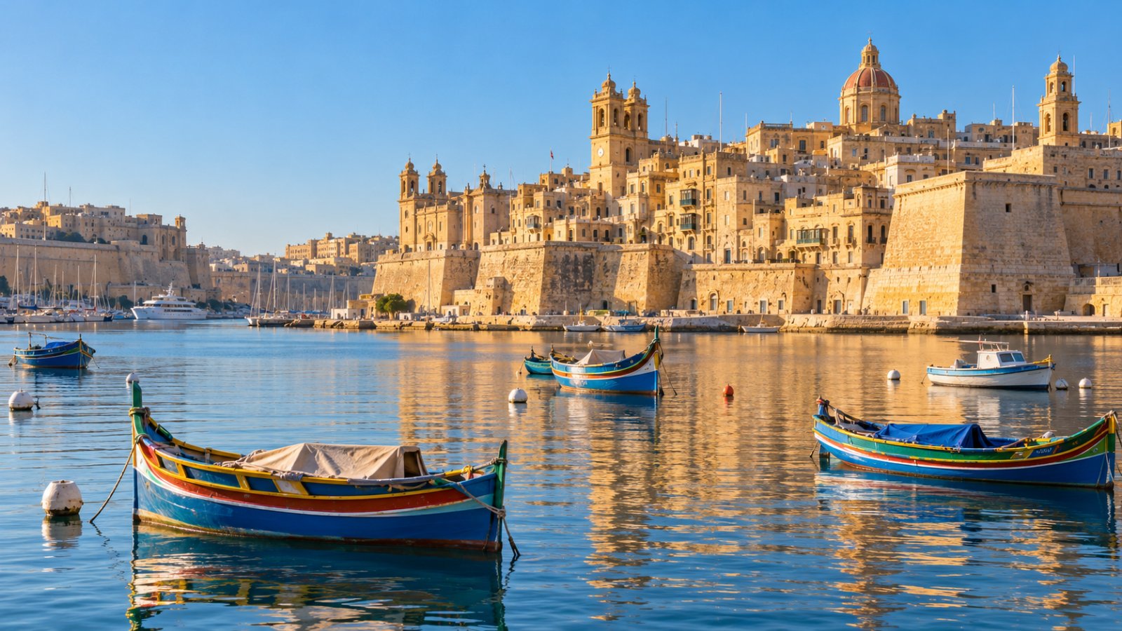 Il Grand Harbour con le Tre Città, Senglea e Vittoriosa, e i loro bastioni sull'acqua, con le tradizionali barchette colorate nel porto