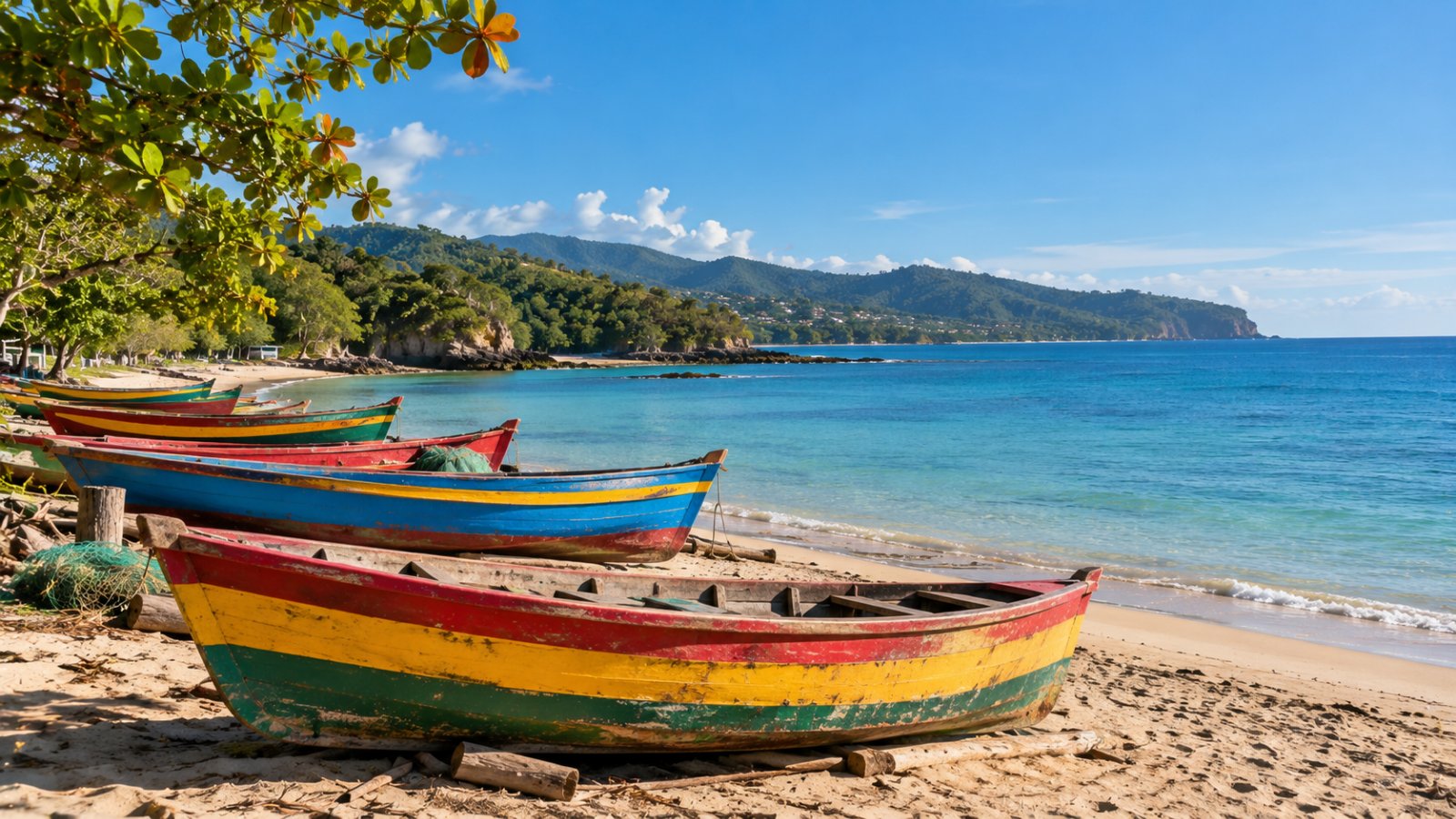 Spiaggia tranquilla con barche di pescatori colorate sulla costa sud della Giamaica