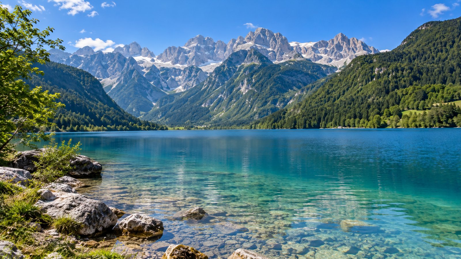 Il Lago di Molveno e le Dolomiti di Brenta in una giornata limpida