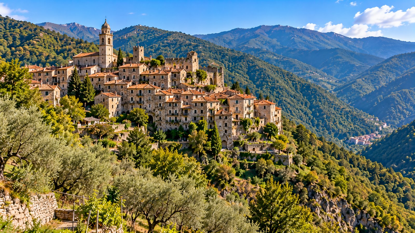 Il borgo in pietra di Triora arroccato sulla montagna nella Valle Argentina, con i boschi e le cime all'orizzonte