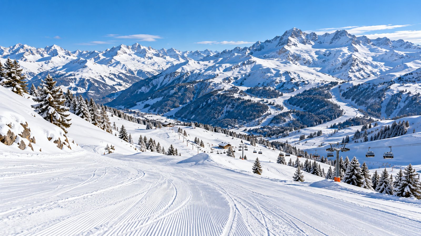 Piste da sci ben battute che scendono tra ampie montagne innevate sotto un cielo azzurro, con impianti di risalita in lontananza