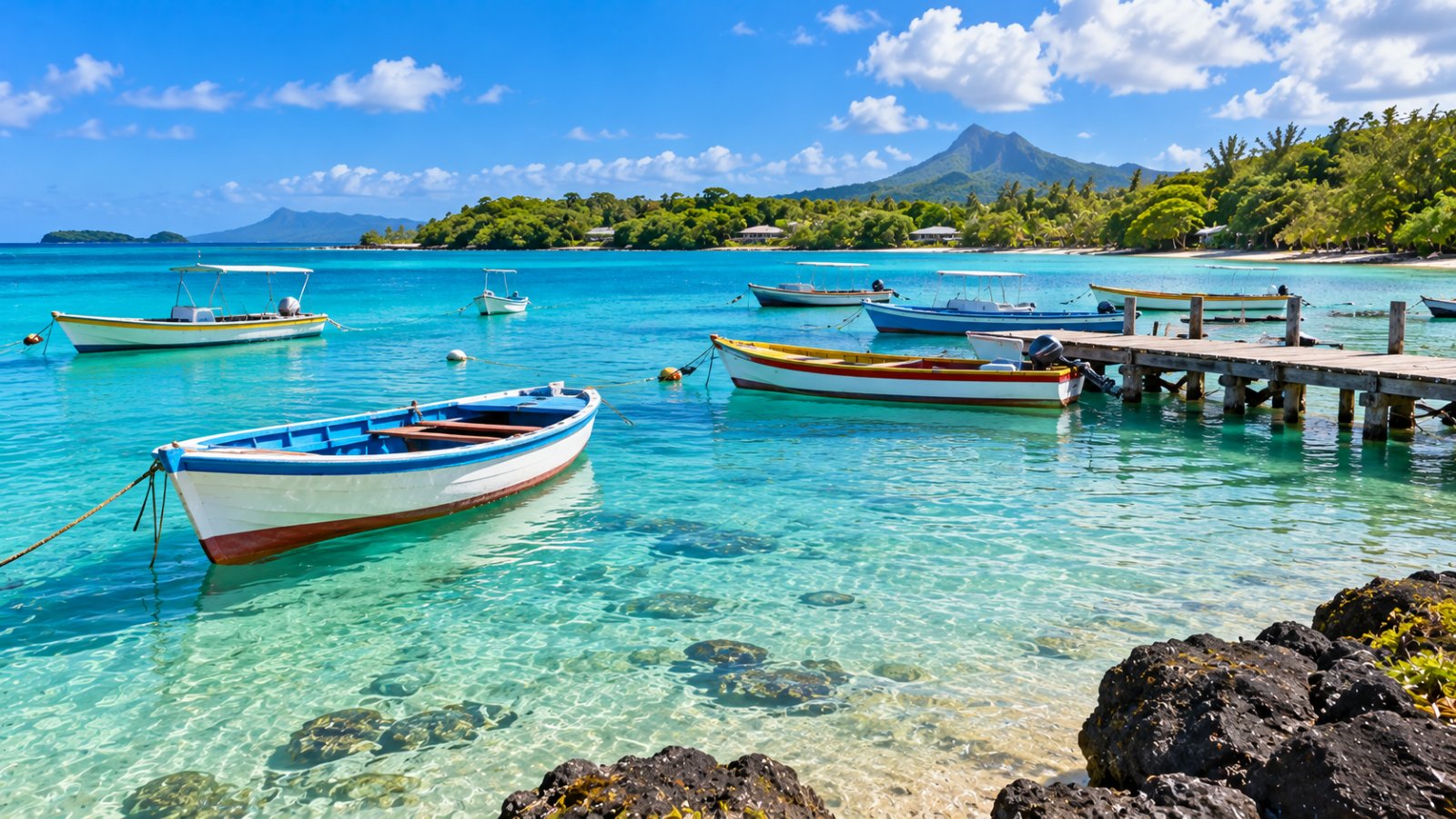 Barche di pescatori colorate ormeggiate nella laguna turchese di Trou d'Eau Douce, con un piccolo pontile e la costa est di Mauritius sullo sfondo
