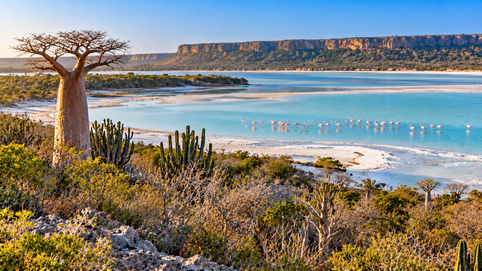 Il lago salato di Tsimanampetsotsa, di un azzurro lattiginoso, con fenicotteri in lontananza e la foresta spinosa con un baobab sulle rive aride