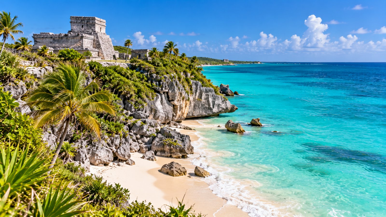Le rovine maya di Tulum su una scogliera verde a picco sul mare turchese, con una spiaggia bianca ai piedi
