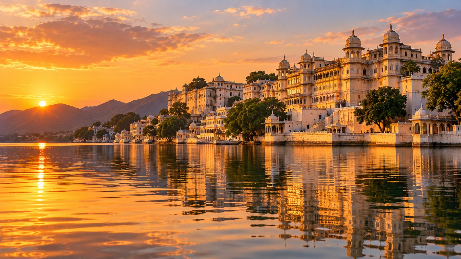 Il City Palace di Udaipur affacciato sul lago Pichola al tramonto, con i palazzi bianchi riflessi nell'acqua e le colline dell'Aravalli sullo sfondo