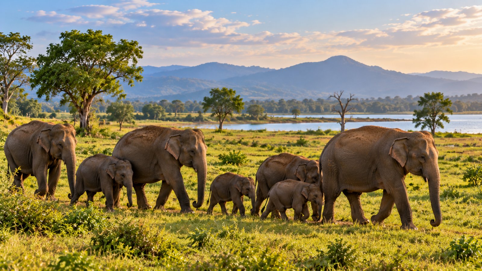 Un branco di elefanti asiatici con alcuni piccoli che attraversa una prateria verde nel parco di Udawalawe, con le colline sullo sfondo