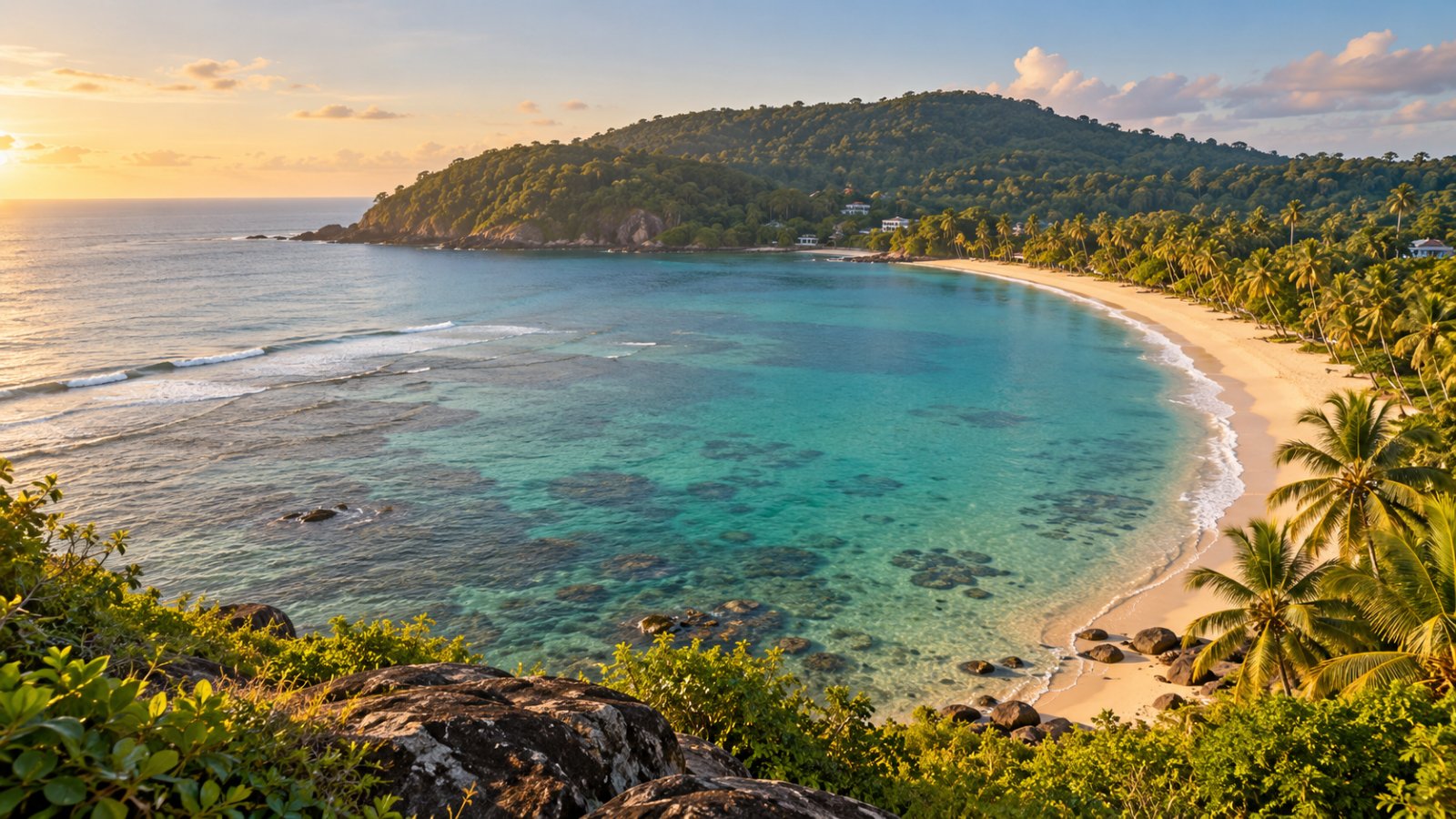 La baia di Unawatuna a forma di mezzaluna, con la sabbia chiara, le palme inclinate sull'acqua e il mare turchese protetto dalla barriera, vista dall'alto nella luce del mattino