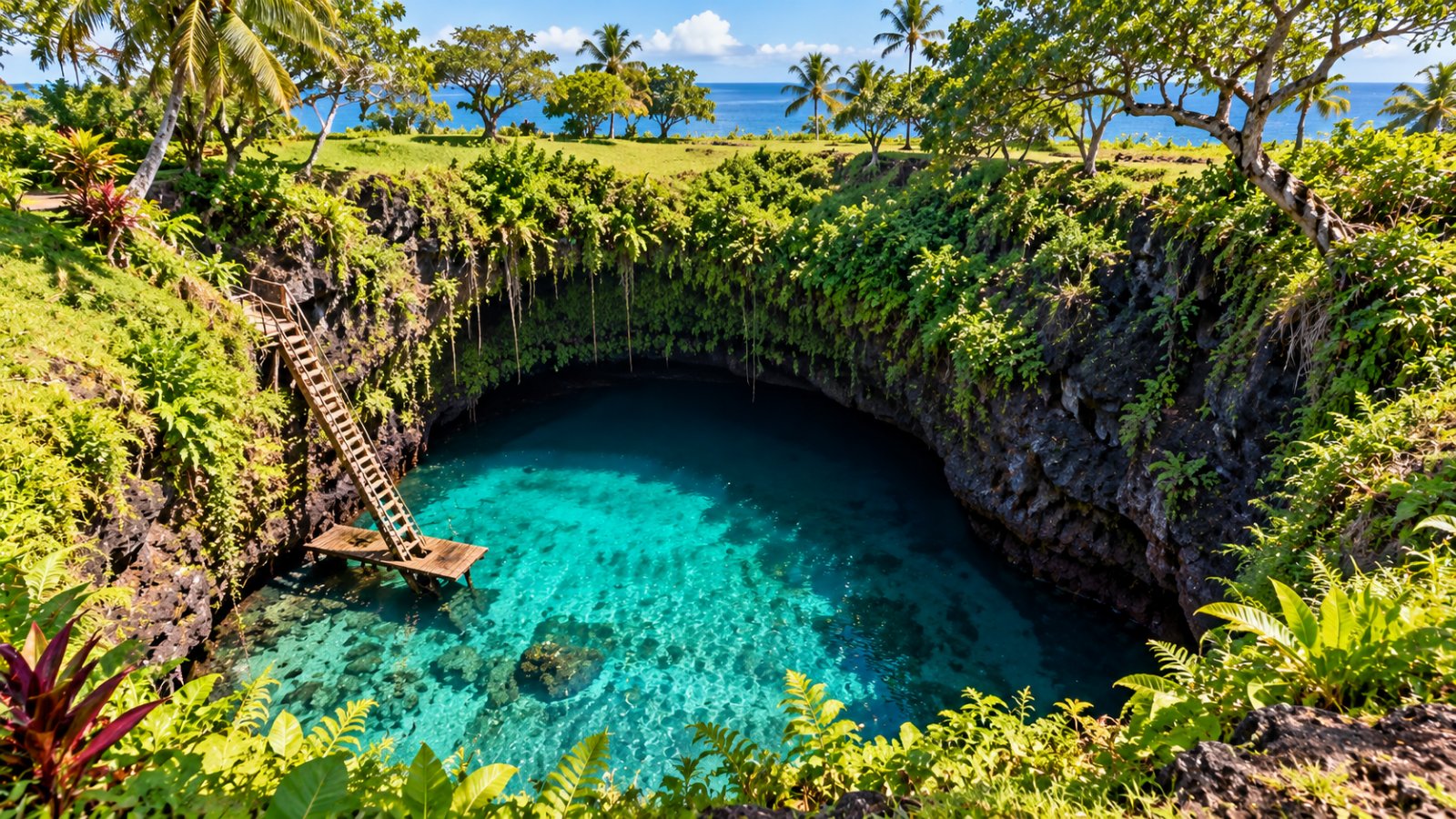 La grande voragine di To Sua Ocean Trench a Upolu, con la lunga scala di legno che scende verso l'acqua turchese, circondata da prato e palme