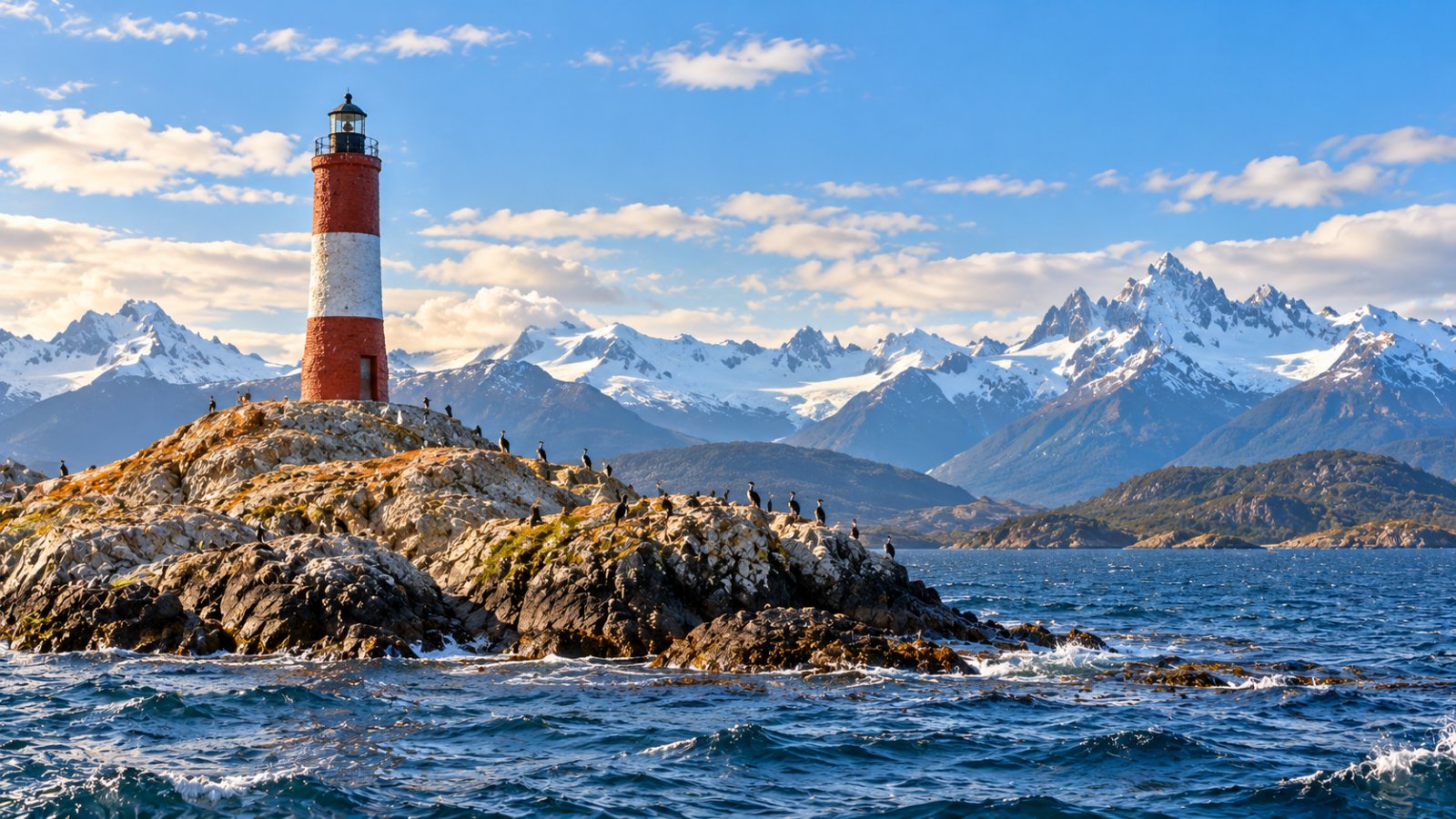 Il faro Les Éclaireurs a strisce rosse e bianche su un isolotto roccioso del canale di Beagle, con le montagne innevate della Terra del Fuoco sullo sfondo