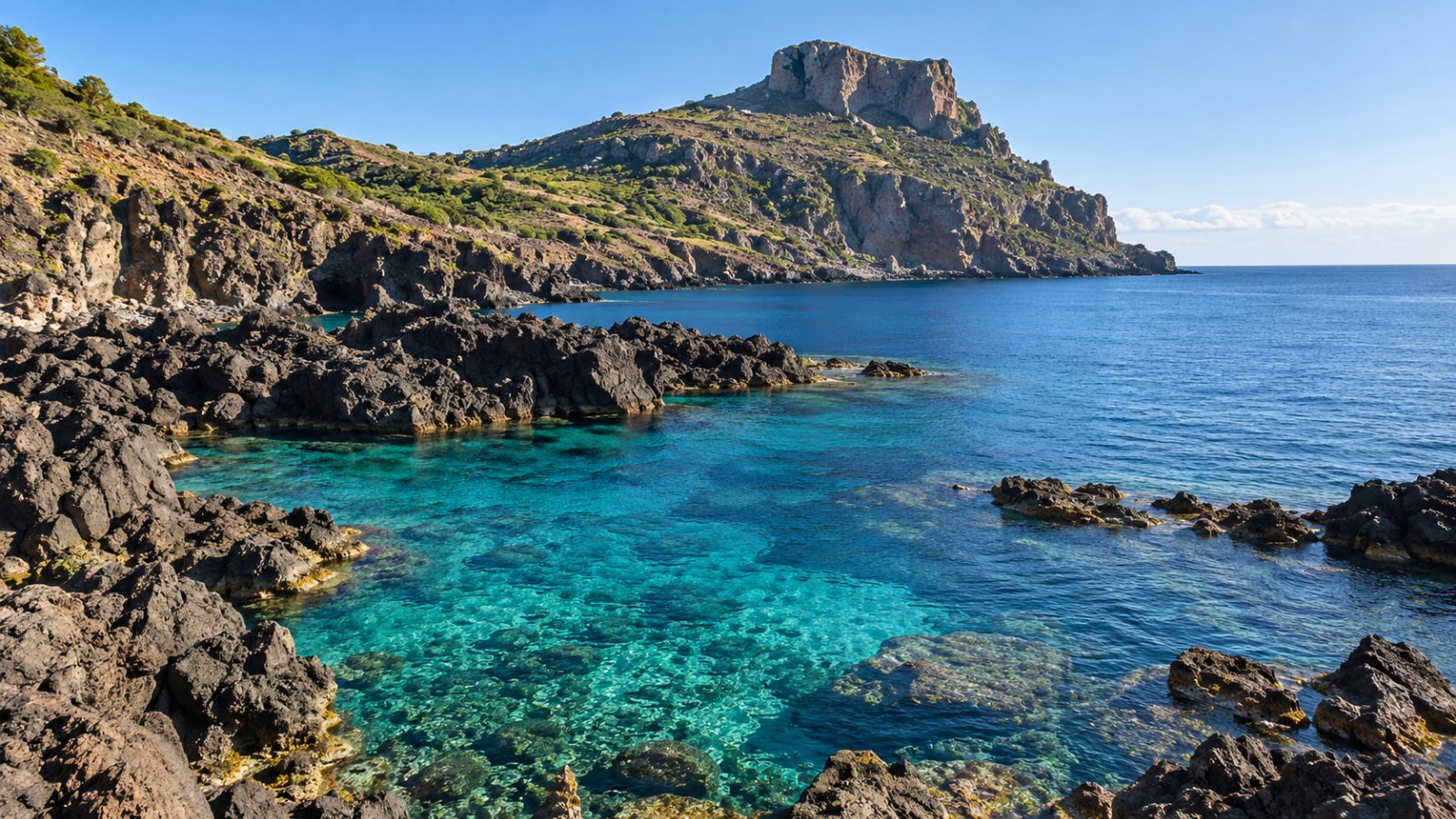 Una caletta di acqua turchese tra gli scogli di lava scura di Ustica, con un promontorio roccioso sullo sfondo