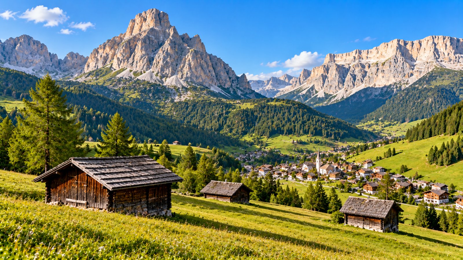 Prati verdi e fienili di legno sopra Corvara in Val Badia, con il massiccio del Sassongher e le pareti chiare delle Dolomiti sullo sfondo