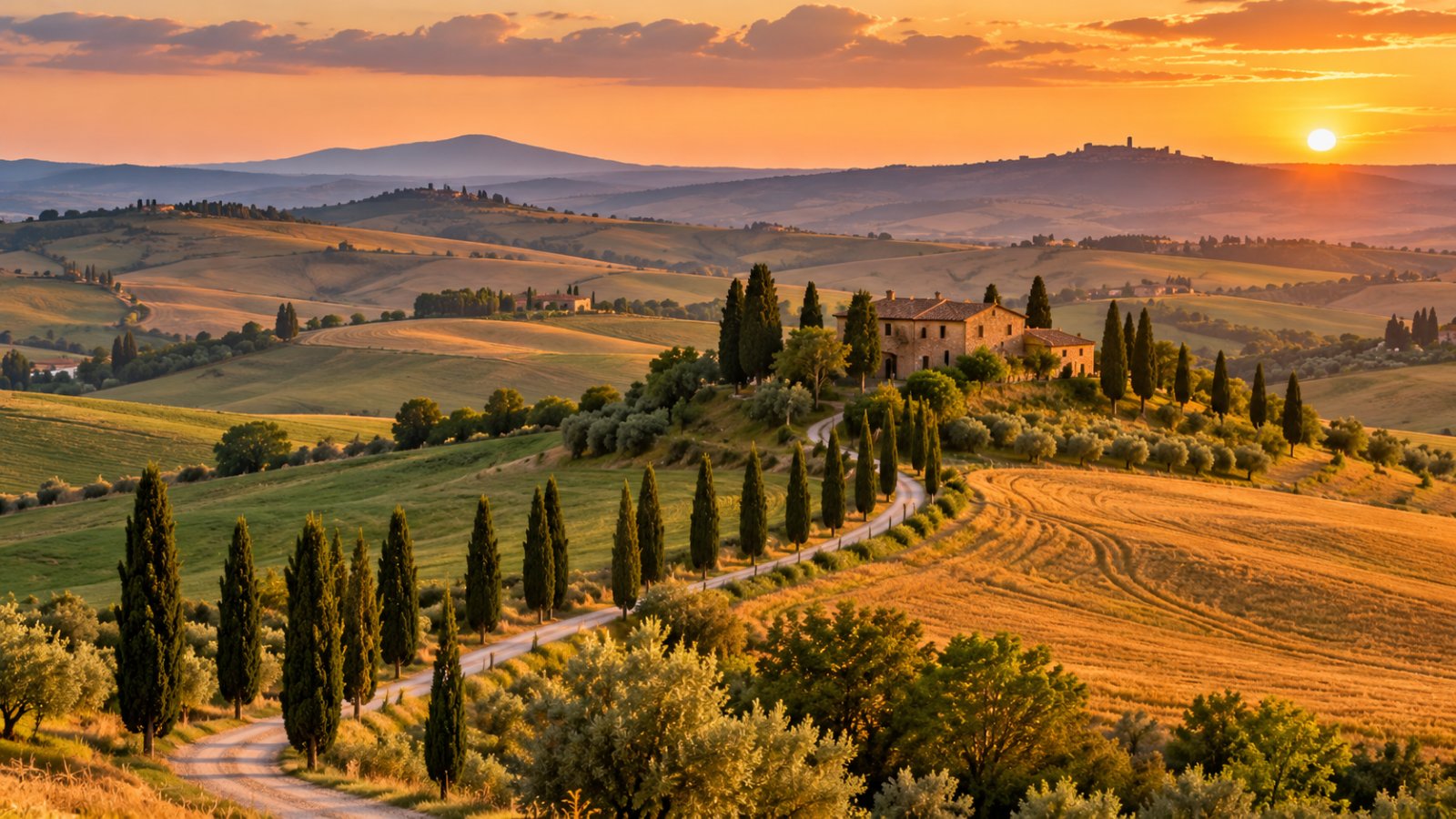 Le colline della Val d'Orcia con i cipressi lungo una strada bianca e un casale isolato nella luce dorata del tramonto