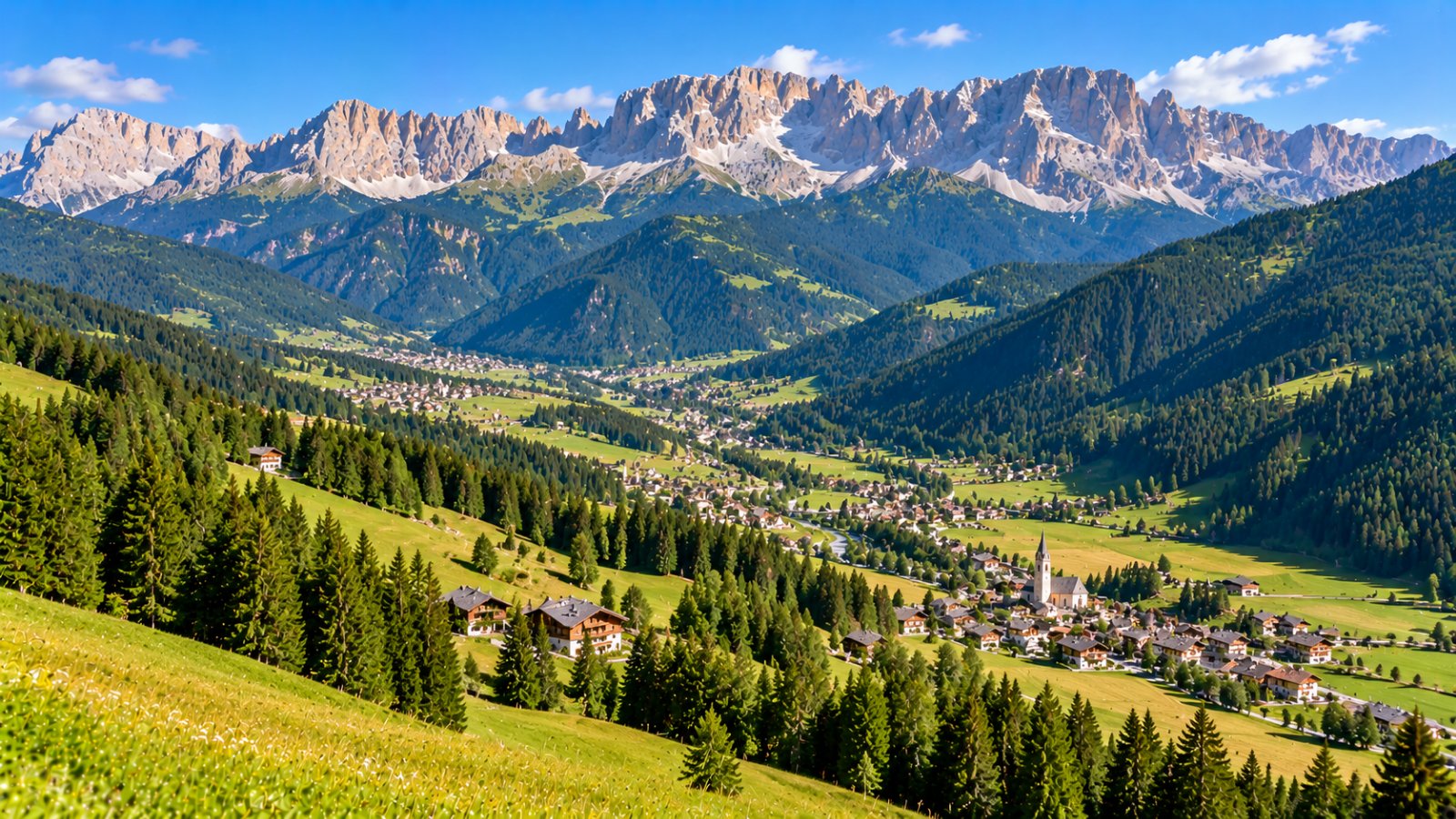 La Val di Fiemme vista dall'alto, con prati verdi, boschi di abete rosso, i paesi sparsi lungo il fondovalle e le cime dolomitiche del Latemar sullo sfondo