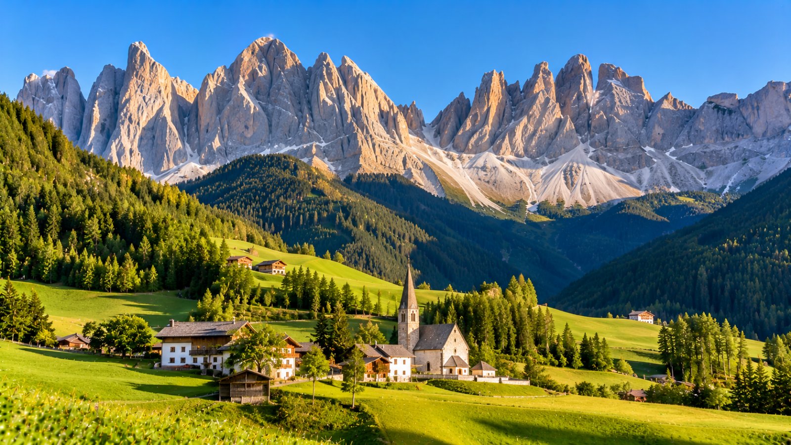 La chiesa bianca di Santa Maddalena con il campanile a punta tra prati verdi e masi sparsi, sotto le guglie grigie delle Odle illuminate dal sole del mattino