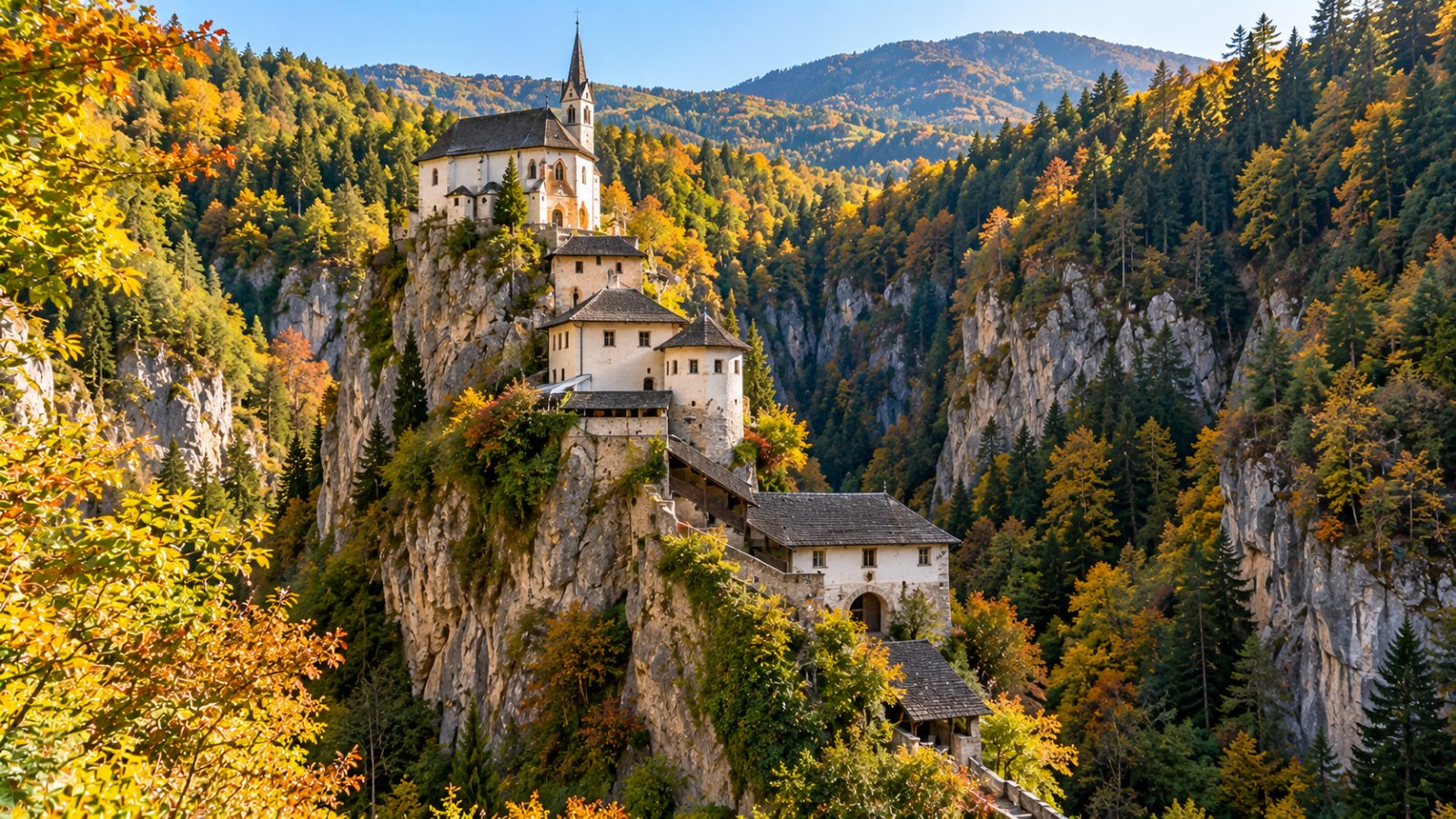 Il santuario di San Romedio in Val di Non, chiese sovrapposte in pietra chiara su uno sperone di roccia in fondo a una gola boscosa