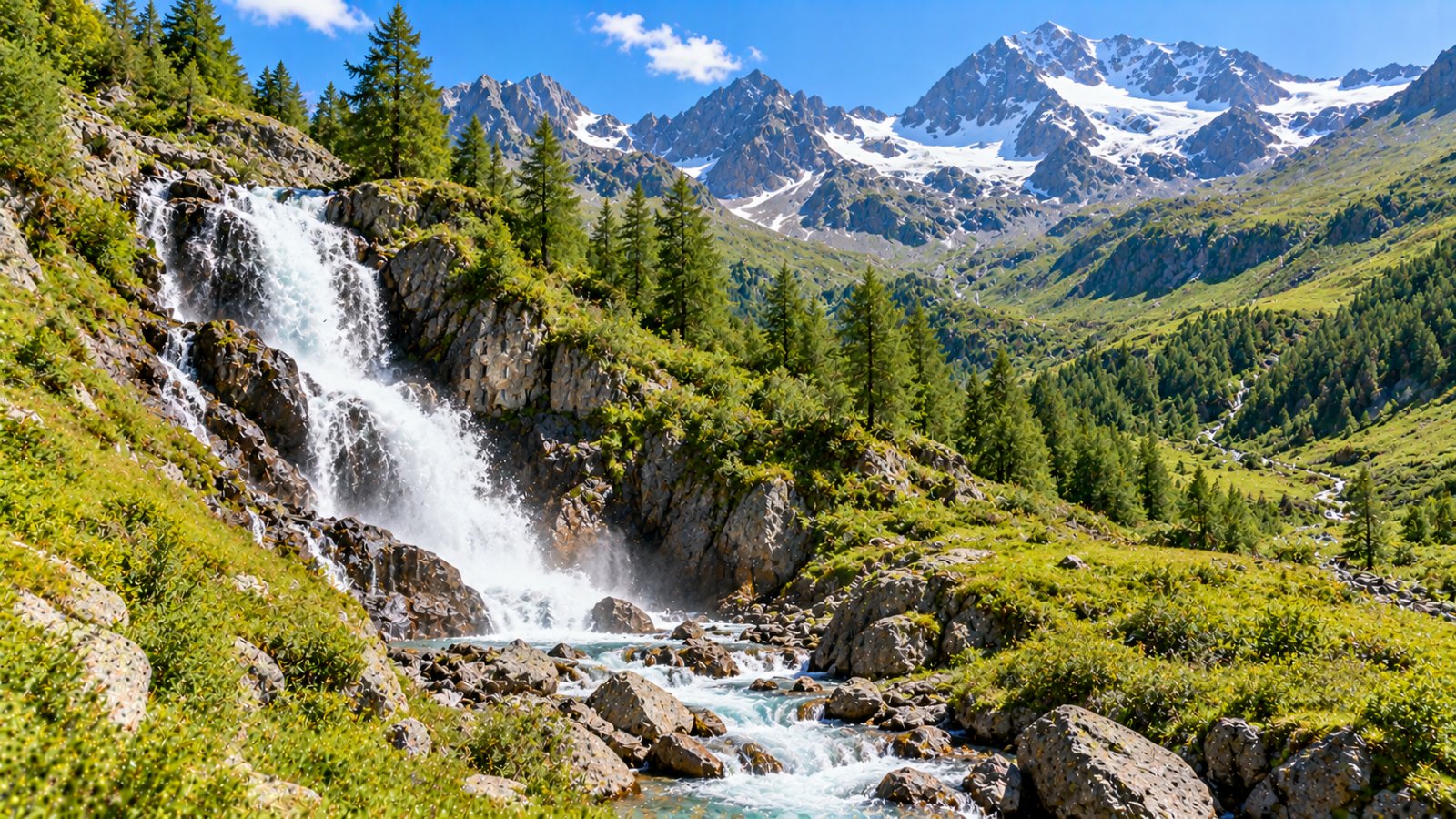 Una cascata spumeggiante che scende tra rocce e larici in una valle alpina verde del Parco dello Stelvio, con prati d'alta quota e cime innevate sullo sfondo
