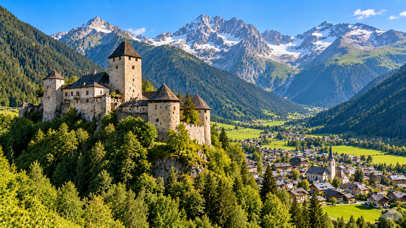 Il castello di Tures con le sue torri in pietra su un'altura boscosa sopra Campo Tures, con i prati verdi della valle e le cime rocciose sullo sfondo in una giornata d'estate