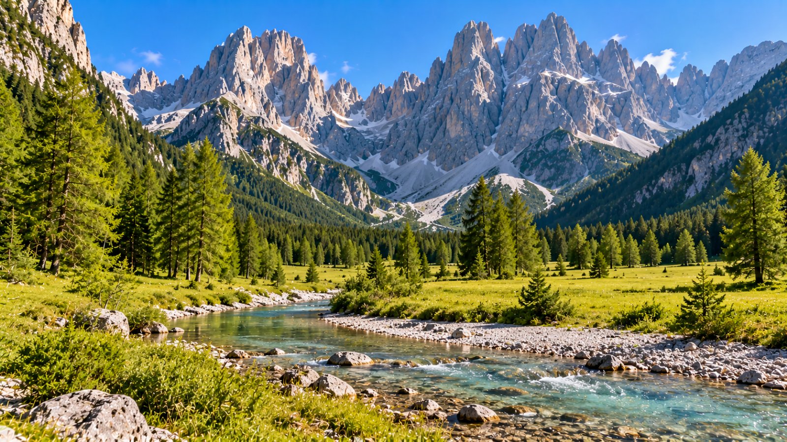 Il fondo piatto della Val Fiscalina con prati verdi, un torrente e boschi di larici, chiuso da un anfiteatro di alte pareti dolomitiche grigie