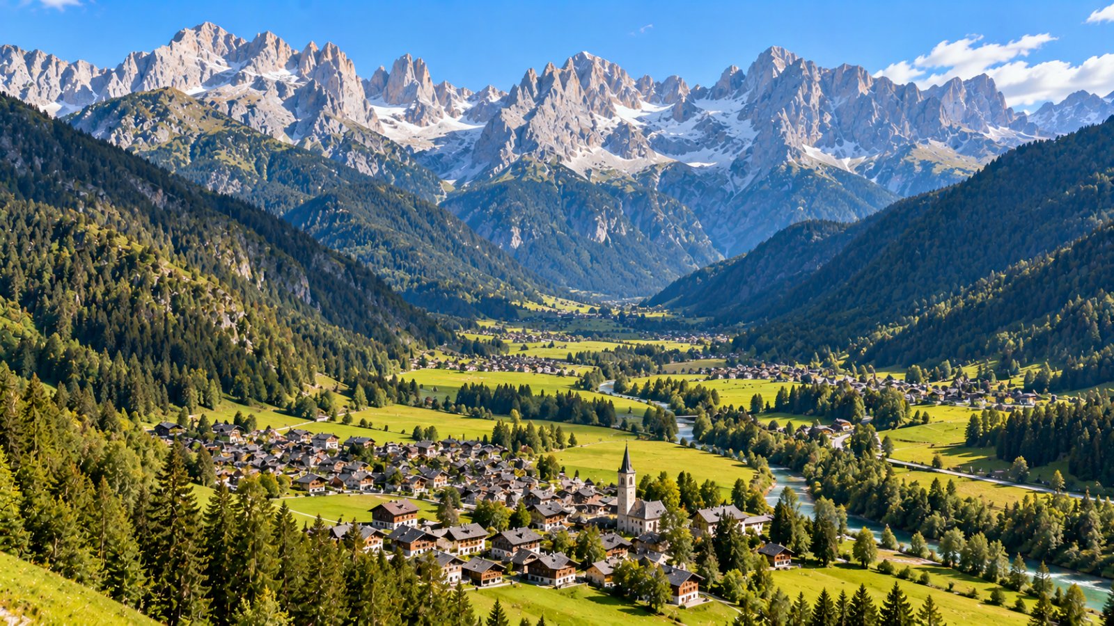 La Val Rendena vista dall'alto in una giornata d'estate, con i prati verdi del fondovalle, il paese di Pinzolo e i boschi di abeti che salgono verso le cime rocciose del Brenta