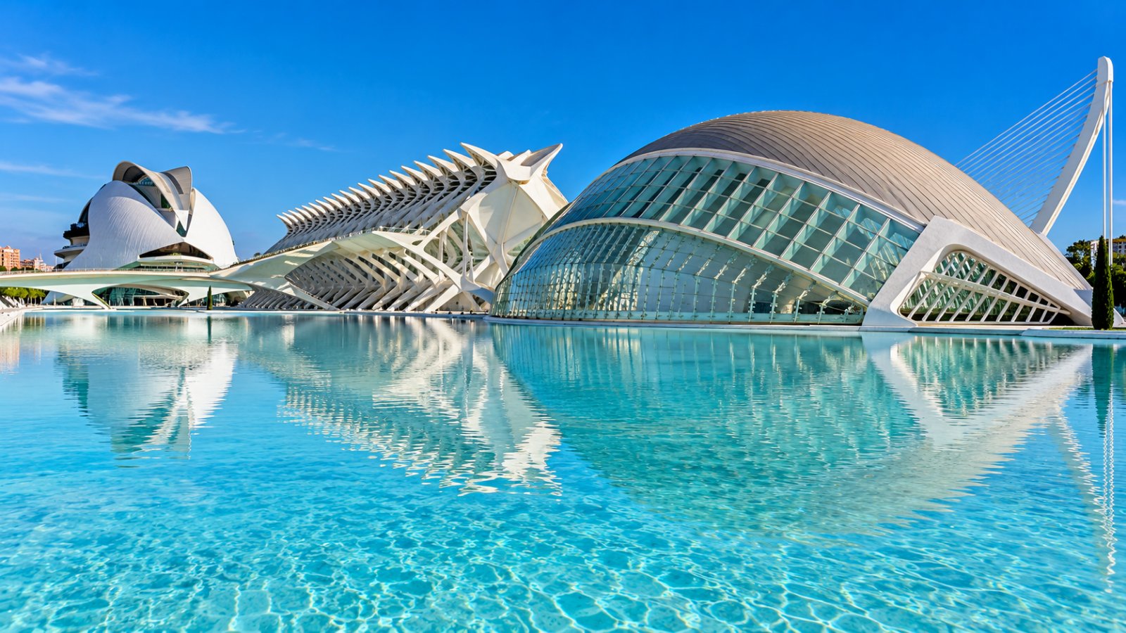 Gli edifici bianchi della Città delle Arti e delle Scienze di Valencia riflessi nelle vasche d'acqua