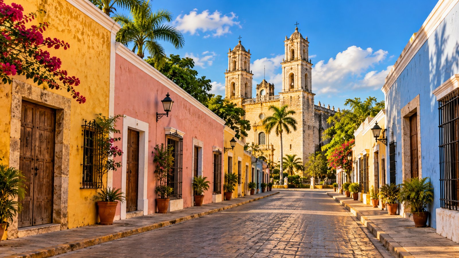 Una strada coloniale di Valladolid con case colorate e la chiesa di San Servacio dalle due torri sullo sfondo