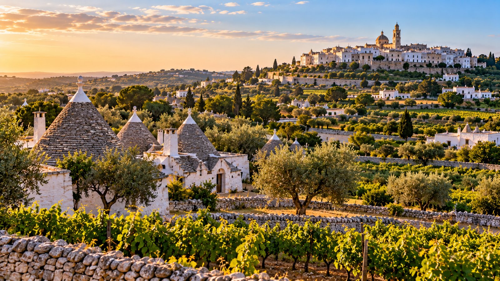 La Valle d'Itria con trulli bianchi dai tetti a cono, muretti a secco, uliveti e vigneti e un borgo bianco sulla collina in lontananza, nella luce dorata