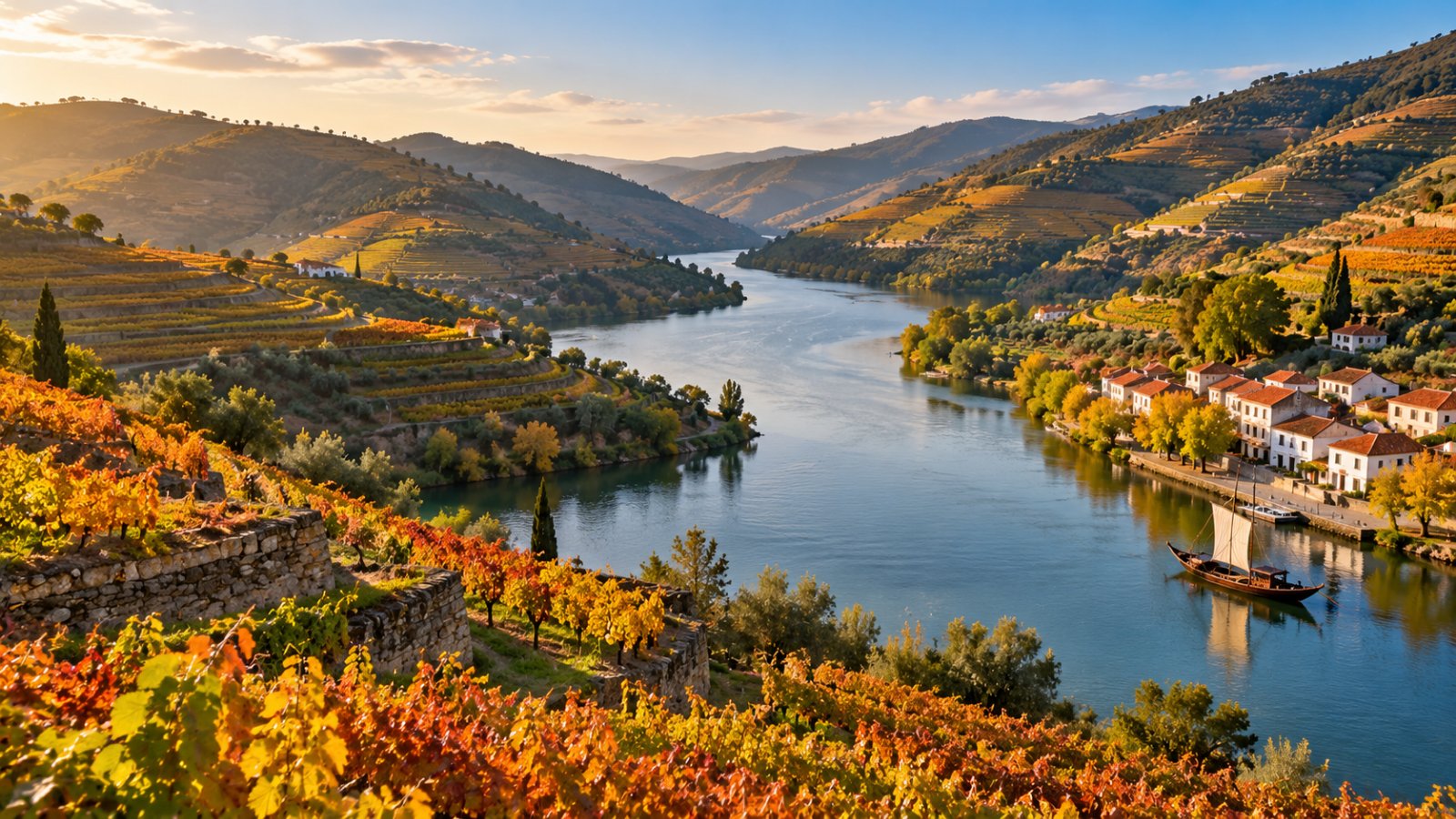 Le anse del fiume Douro tra colline ripide coperte di vigneti a terrazze dai colori autunnali, con una barca tradizionale di legno ormeggiata vicino a un piccolo villaggio bianco sulla riva