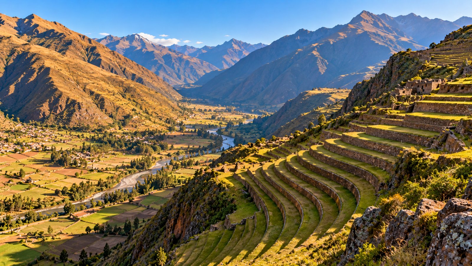 I terrazzamenti inca di Pisac che scendono lungo il fianco della montagna, con la Valle Sacra e il fiume Urubamba sullo sfondo nella luce del mattino