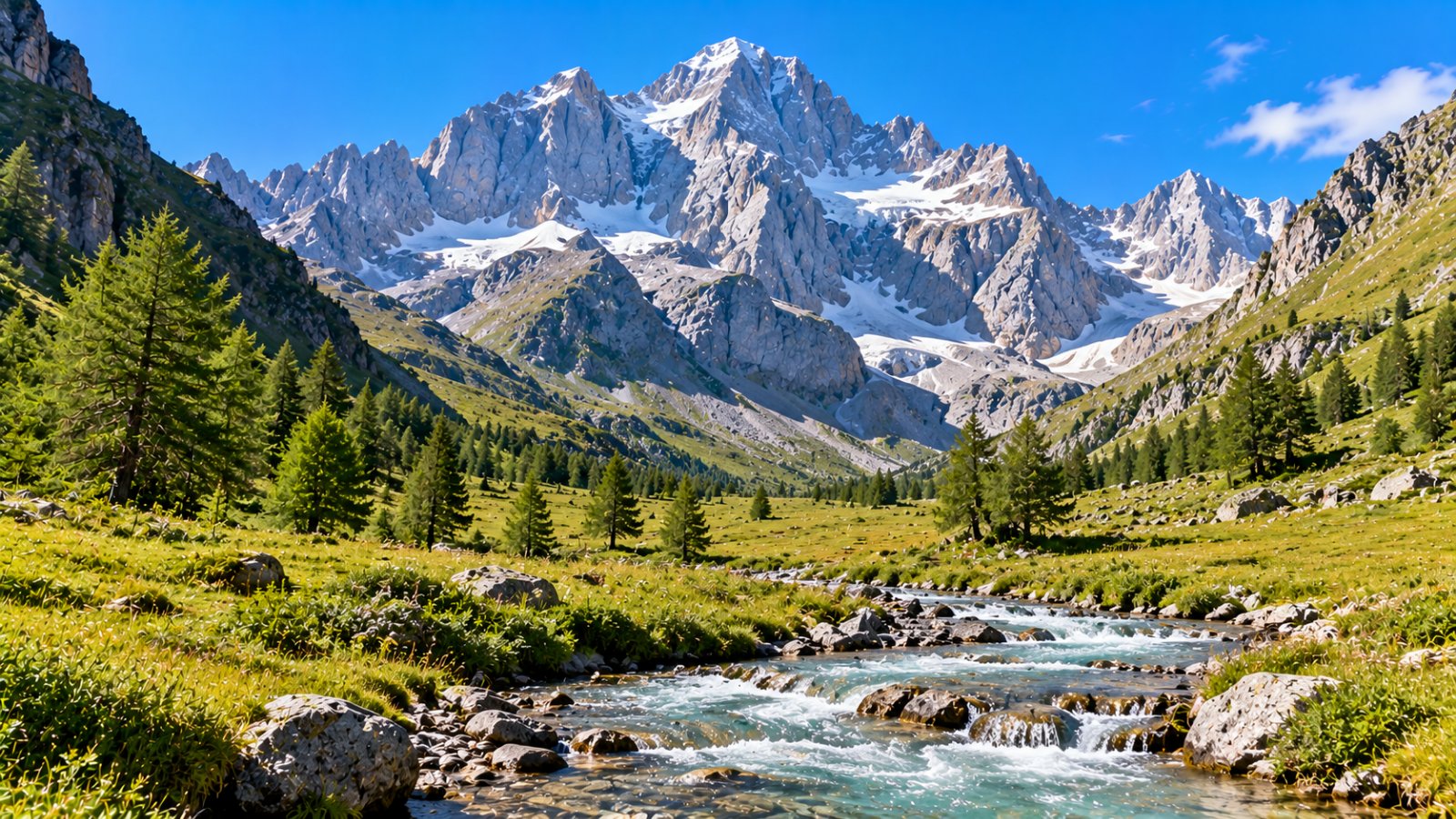 La testata della Val di Rhêmes con i prati verdi del fondovalle, un torrente di montagna e le cime innevate sullo sfondo, sotto un cielo limpido