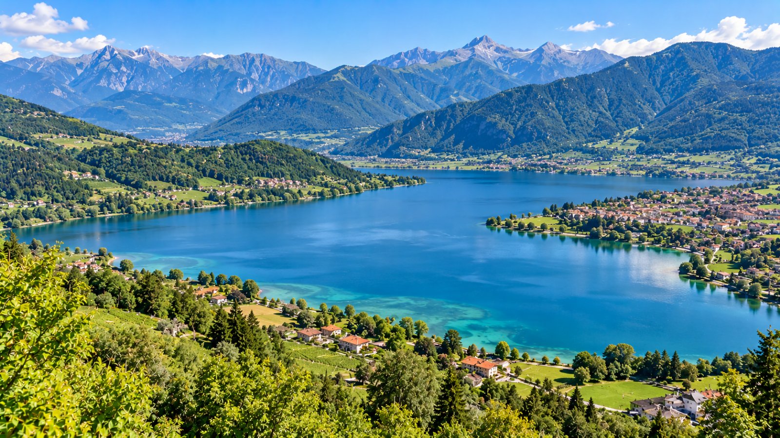 Il lago di Caldonazzo visto dall'alto in una giornata d'estate, con l'acqua azzurra, le rive verdi e i paesi sparsi ai piedi delle montagne boscose della Valsugana